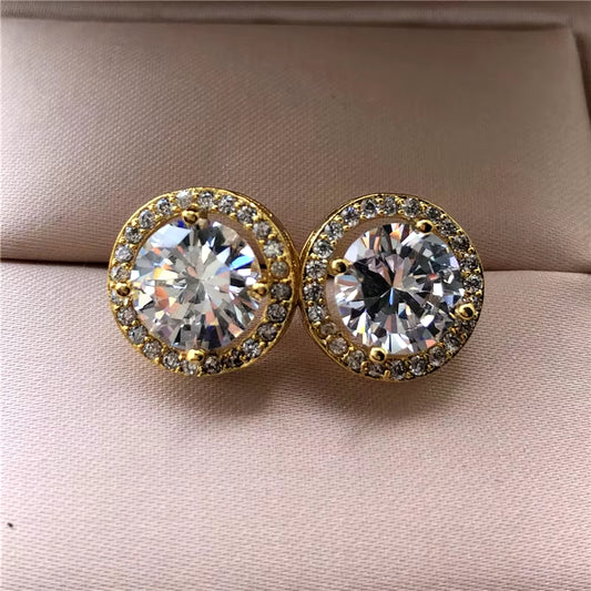 Female Luxury Crystal round Stud Earrings Vintage Silver Color Wedding Jewelry White Zircon Stone Earrings for Women